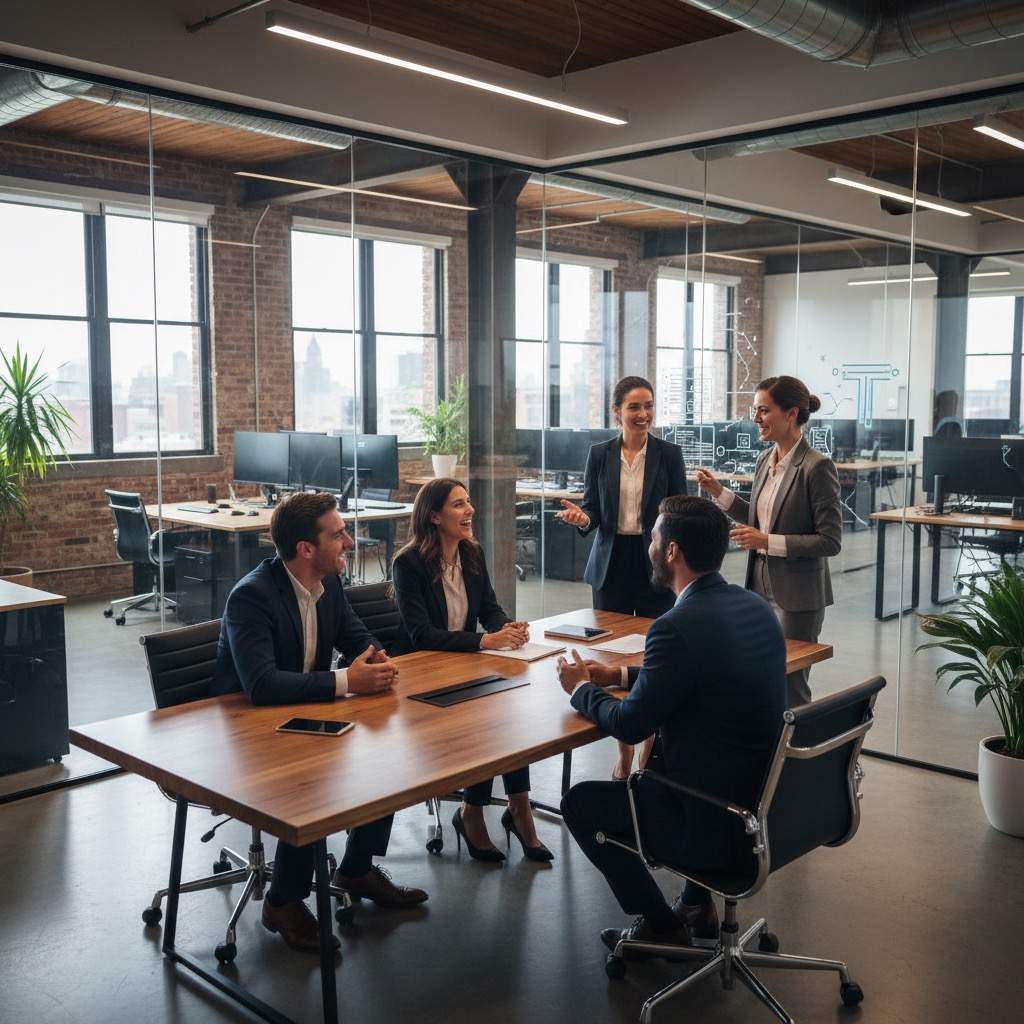 Four business professionals in suits hold a meeting around a wooden conference table in a modern, glass-walled office.