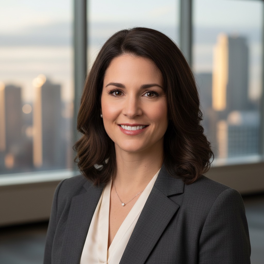 A professional woman with shoulder-length brown hair smiles while wearing a grey blazer and a cream-colored blouse in front of a city skyline window.