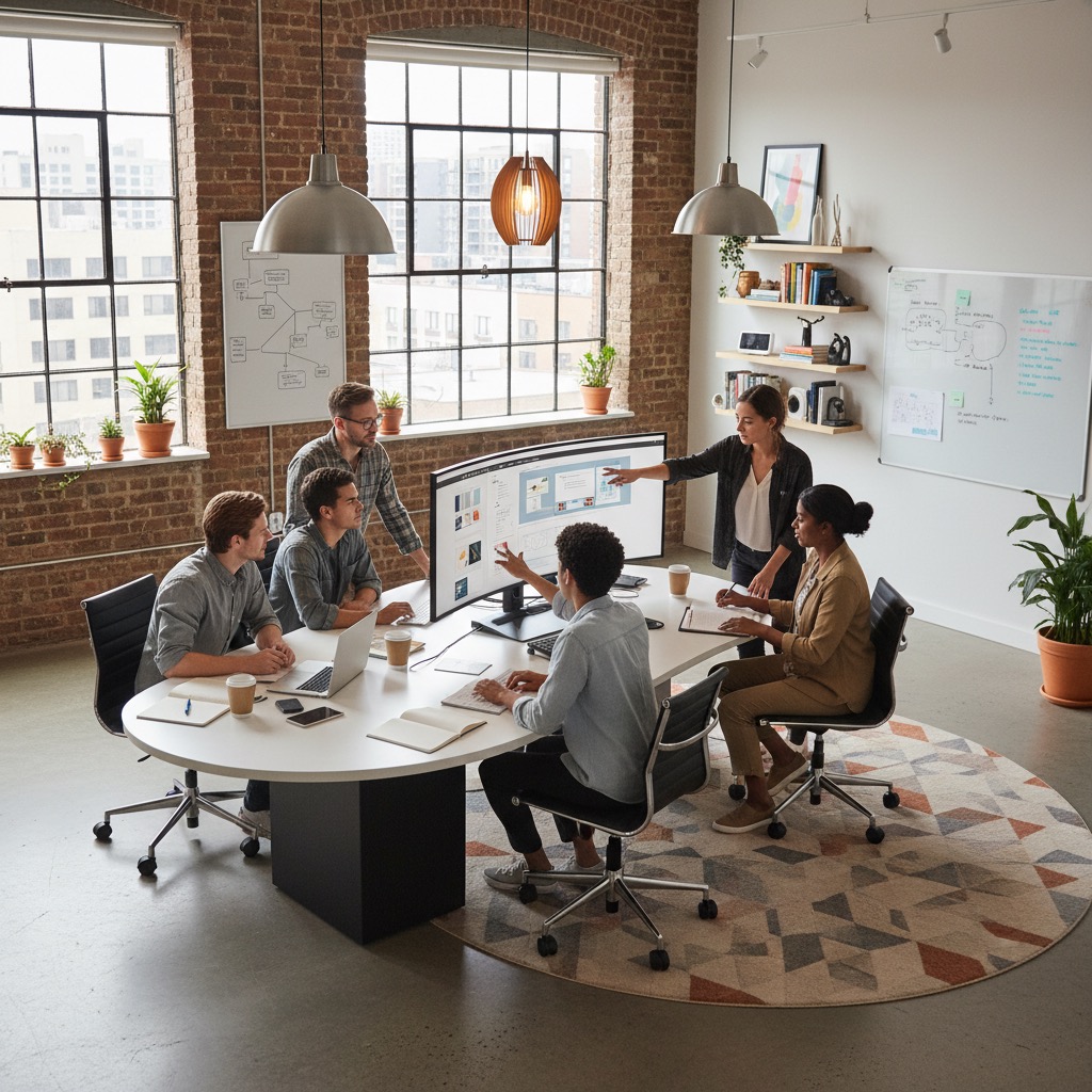 A diverse team of professionals collaborates around a large oval table in a sunlit office with exposed brick walls.